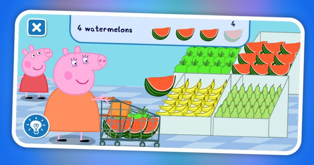 A screenshot of a Peppa Pig educational video game showing the character shopping for fruits, with a task displaying the quantity '4 watermelons' at the top.