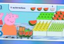 A screenshot of a Peppa Pig educational video game showing the character shopping for fruits, with a task displaying the quantity '4 watermelons' at the top.