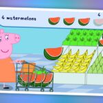 A screenshot of a Peppa Pig educational video game showing the character shopping for fruits, with a task displaying the quantity '4 watermelons' at the top.