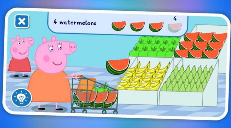 A screenshot of a Peppa Pig educational video game showing the character shopping for fruits, with a task displaying the quantity '4 watermelons' at the top.