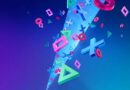 A vibrant 3D graphic featuring the iconic PlayStation symbols—Triangle, Circle, Cross, and Square—floating and glowing in shades of neon blue, pink, and green. The symbols are set against a dynamic gradient background transitioning from deep purple to bright teal, with a central light beam creating a sense of energy and motion.