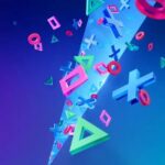 A vibrant 3D graphic featuring the iconic PlayStation symbols—Triangle, Circle, Cross, and Square—floating and glowing in shades of neon blue, pink, and green. The symbols are set against a dynamic gradient background transitioning from deep purple to bright teal, with a central light beam creating a sense of energy and motion.