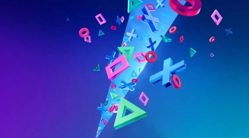 A vibrant 3D graphic featuring the iconic PlayStation symbols—Triangle, Circle, Cross, and Square—floating and glowing in shades of neon blue, pink, and green. The symbols are set against a dynamic gradient background transitioning from deep purple to bright teal, with a central light beam creating a sense of energy and motion.