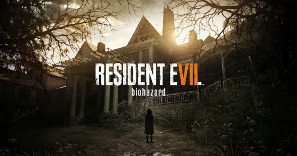 A wide-angle landscape shot of the weathered and spooky plantation house from the video game Resident Evil 7: Biohazard. The house is a multi-story, dilapidated structure with overgrown vines and barren tree branches surrounding it, under a bright but dramatic golden and overcast sky. In the foreground, a solitary woman in a dark cloak stands in a gravel courtyard, looking up at the house. The large game logo, "RESIDENT EVIL" and "biohazard," is centered in white and orange text against the facade of the house.