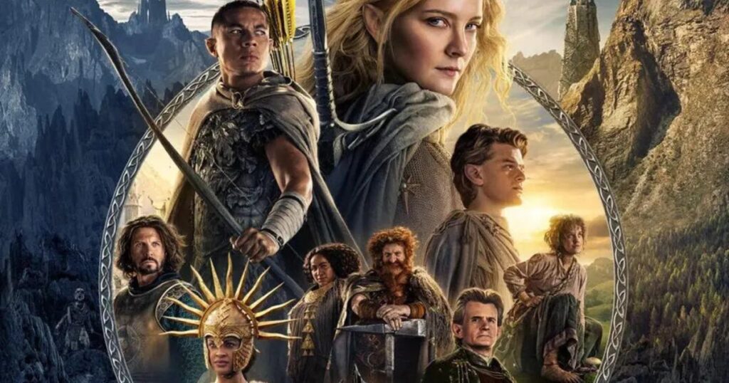 Promotional poster for The Rings of Power featuring the main cast, including Galadriel, Elrond, Arondir, and Prince Durin IV, set against a background of Middle-earth landscapes divided by a circular border.