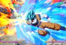 Goku in Super Saiyan Blue form lands an energetic punch on Frieza in Dragon Ball FighterZ.