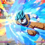 Goku in Super Saiyan Blue form lands an energetic punch on Frieza in Dragon Ball FighterZ.