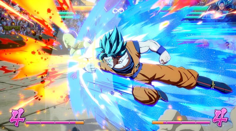 Goku in Super Saiyan Blue form lands an energetic punch on Frieza in Dragon Ball FighterZ.