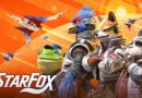 A group portrait of the Star Fox team including Fox McCloud, Falco Lombardi, Slippy Toad, and Peppy Hare, with Arwing starfighters flying in the background against an orange sky.
