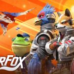 A group portrait of the Star Fox team including Fox McCloud, Falco Lombardi, Slippy Toad, and Peppy Hare, with Arwing starfighters flying in the background against an orange sky.