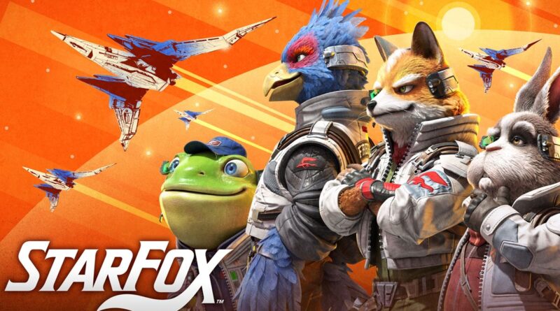 A group portrait of the Star Fox team including Fox McCloud, Falco Lombardi, Slippy Toad, and Peppy Hare, with Arwing starfighters flying in the background against an orange sky.