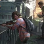 Two characters in a post-apocalyptic environment in The Last of Us, one aiming a rifle from a balcony and the other holding a Molotov cocktail.