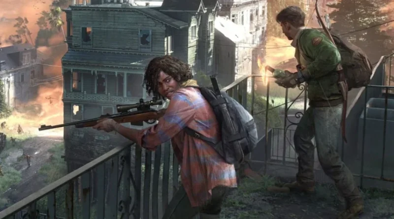 Two characters in a post-apocalyptic environment in The Last of Us, one aiming a rifle from a balcony and the other holding a Molotov cocktail.