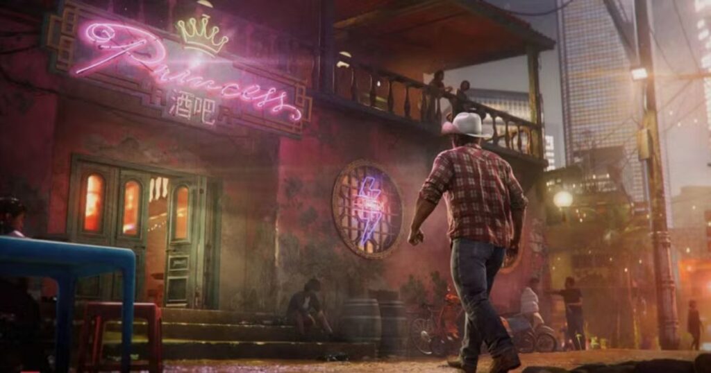 A wide cinematic shot from Marvel's Wolverine featuring Logan from behind, wearing a plaid shirt, jeans, and a cowboy hat. He is walking toward a bar named "Princess" with a glowing pink neon sign in a gritty, crowded street of Madripoor. The environment is filled with atmospheric lighting, lanterns, and a mix of urban and traditional architecture.