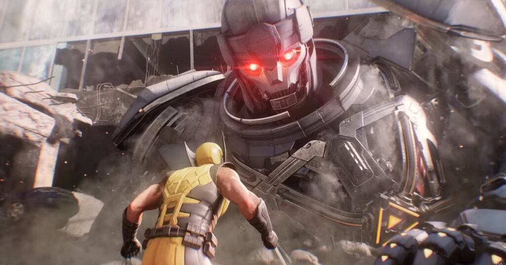 A cinematic action shot from Marvel's Wolverine showing Wolverine from behind, wearing his classic yellow and brown suit, facing off against a massive Sentinel robot. The Sentinel has glowing red eyes and is emerging from a destroyed building surrounded by dust and debris.