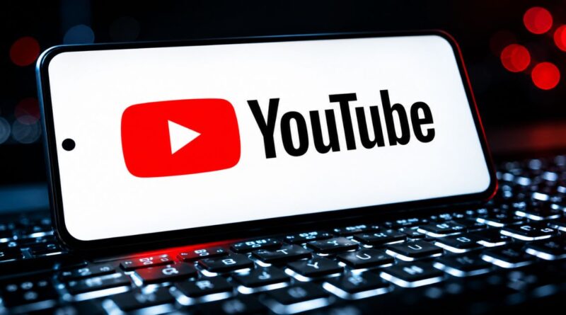A smartphone lying horizontally on a glowing laptop keyboard, displaying the YouTube logo and wordmark on a white screen against a dark background.