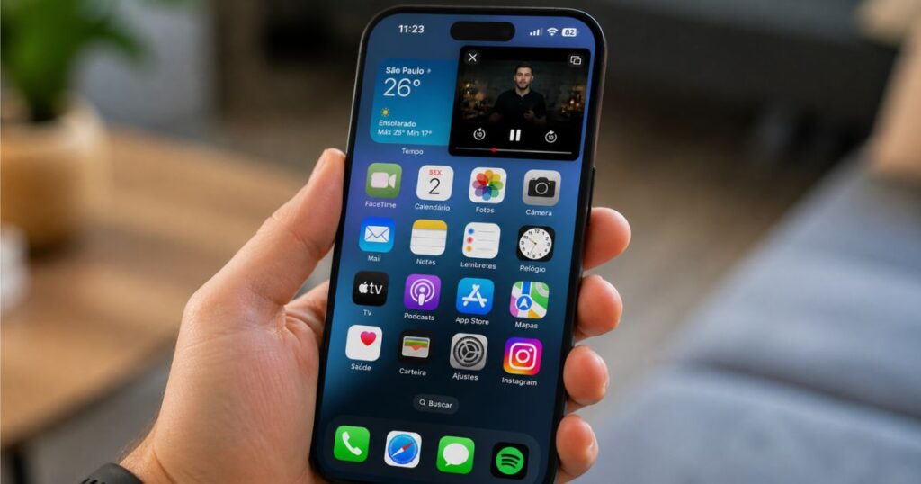 A close-up shot of a hand holding an iPhone, displaying the iOS home screen with a YouTube video playing in a floating picture-in-picture window in the top right corner and a weather widget showing 26°C in São Paulo.